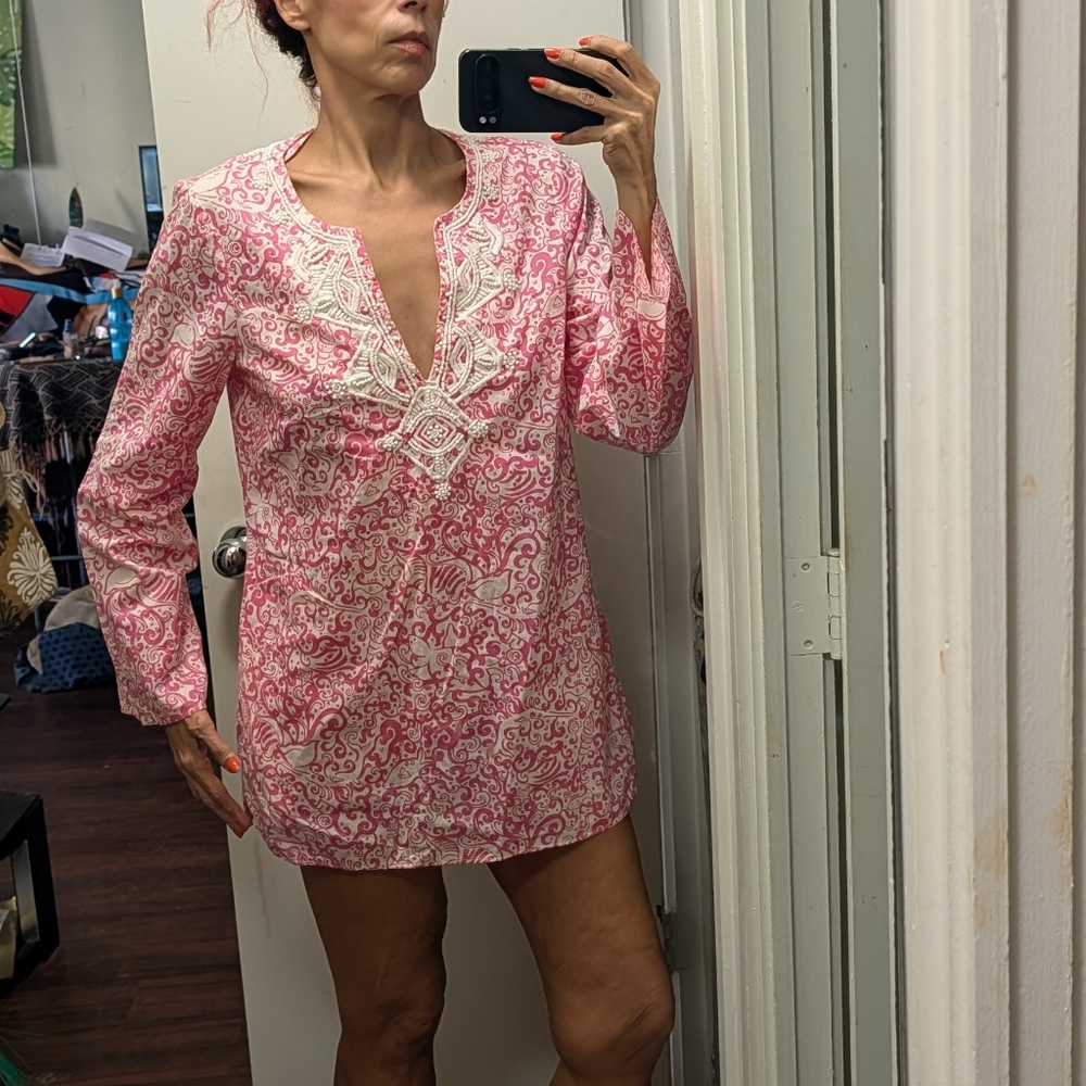 Lilly Pulitzer jubilee Beaded Pink & White Dress  Cotton tunic dress Size M